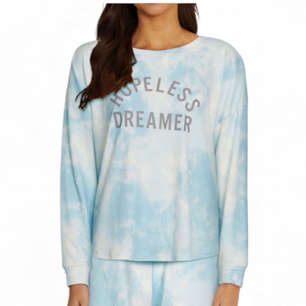 WILDFOX HOPELESS DREAMER TIE DYE BLUE GLOW WHITE LONG SLEEVE TOP L